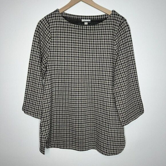 J Jill Womens Medium Houndstooth Ponte Knit Top 3/4 Sleeve Gray Black Stretch - Picture 1 of 6